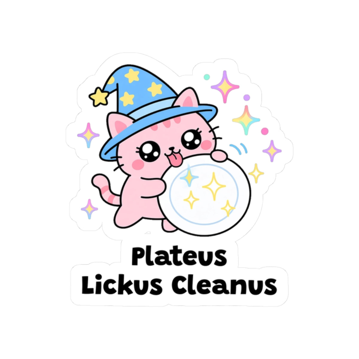 Plateus Lickus Cleanus kiss-cut vinyl sticker on a white background, size option 4: pink wizard cat in a blue hat licking a white dinner plate clean