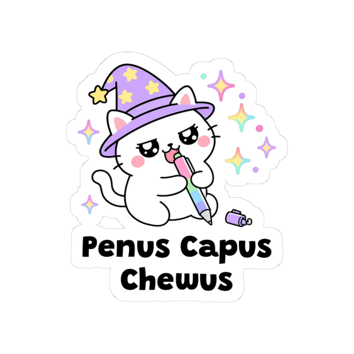 Penus Capus Chewus kiss-cut vinyl sticker with a white border: white wizard cat in a purple hat chewing a pen cap, with "Penus Capus Chewus" in black letters