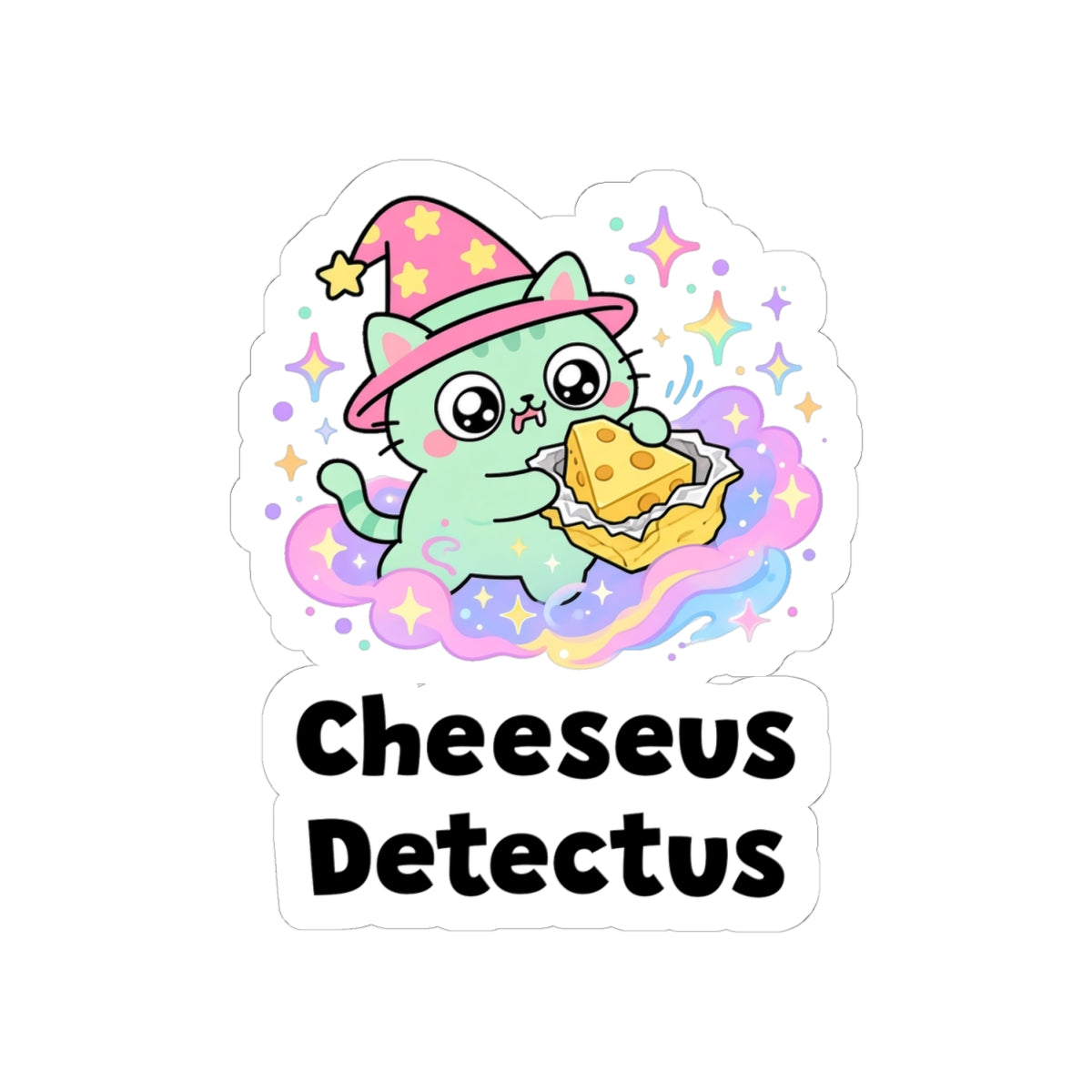 Cheeseus Detectus kiss-cut vinyl sticker on a white background, size option 2: green wizard cat in a pink hat clutching a wedge of cheese on a rainbow cloud