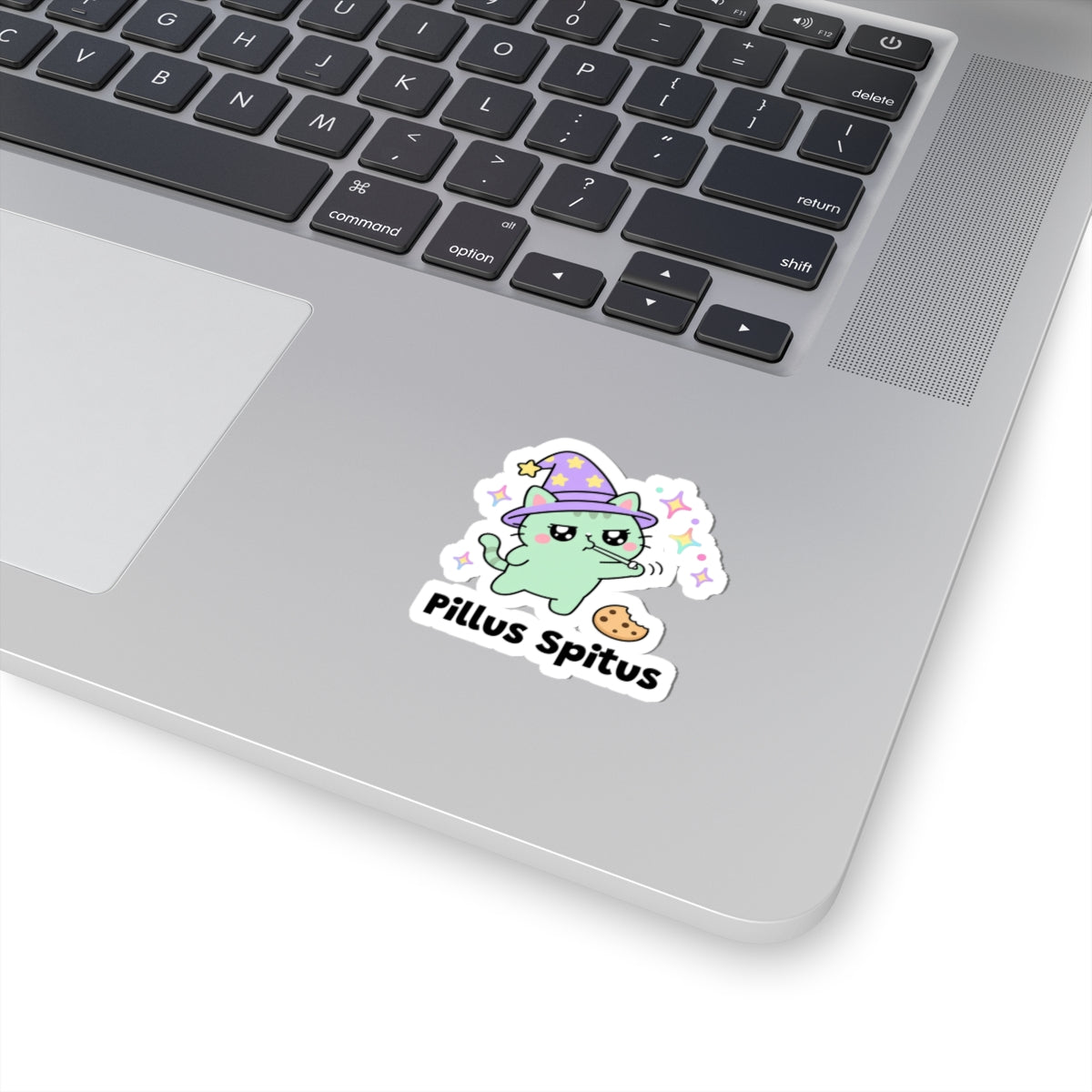 Pillus Spitus wizard cat sticker stuck on a silver laptop next to the keyboard