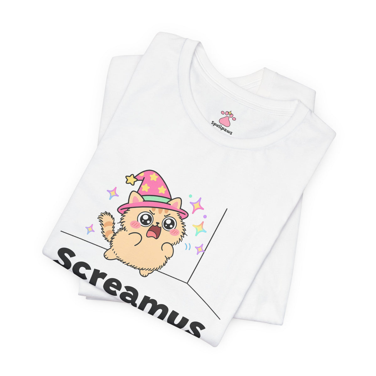 Puffed-up wizard cat in a pink hat yelling at an empty corner of the room, Screamus Nothingus tee