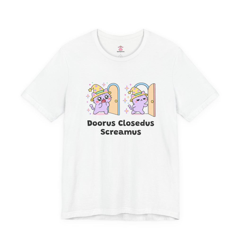 Purple wizard cat screaming at a closed door, then walking away when it opens, Doorus Closedus Screamus tee