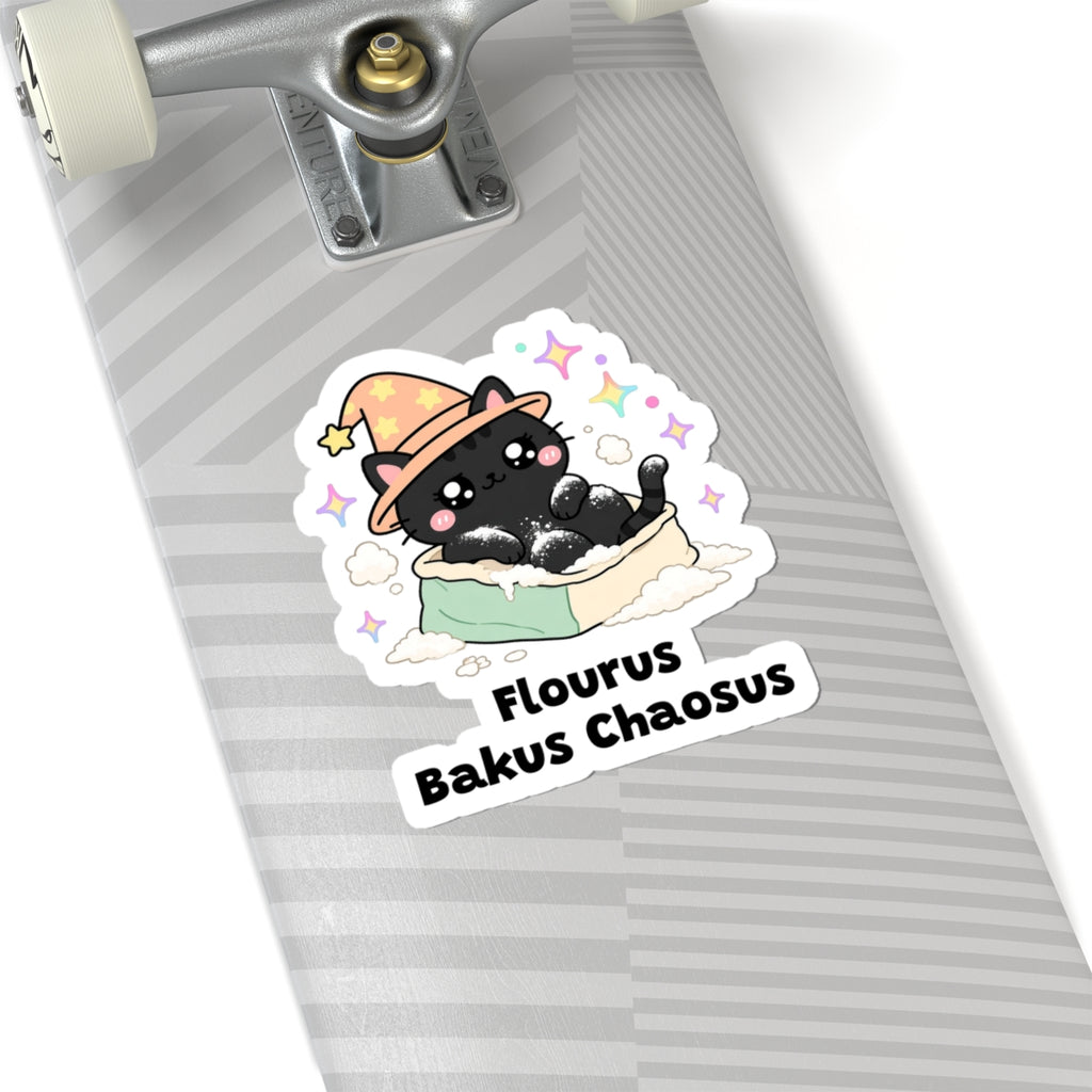 Flourus Bakus Chaosus wizard cat sticker on a grey skateboard deck near the truck