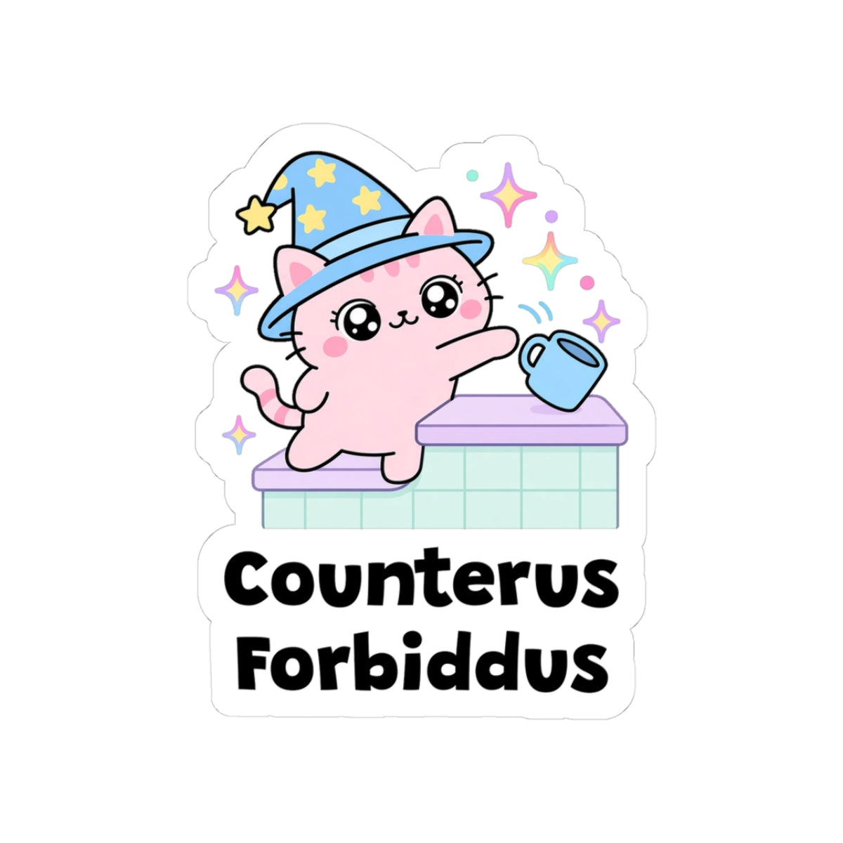 Counterus Forbiddus kiss-cut vinyl sticker with a white border: pink wizard cat in a blue hat on a mint kitchen counter, pushing a blue mug, with "Counterus Forbiddus" in black letters