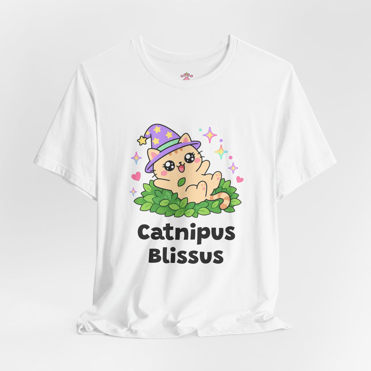 Orange wizard cat in a purple hat happily rolling on its back in a pile of green catnip with hearts and sparkles, Catnipus Blissus tee
