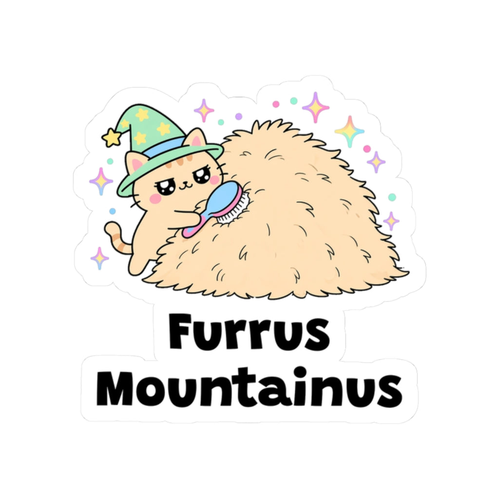 Furrus Mountainus kiss-cut vinyl sticker on a white background, size option 4: small wizard cat in a green hat beside a huge mountain of brushed-out fur and a brush