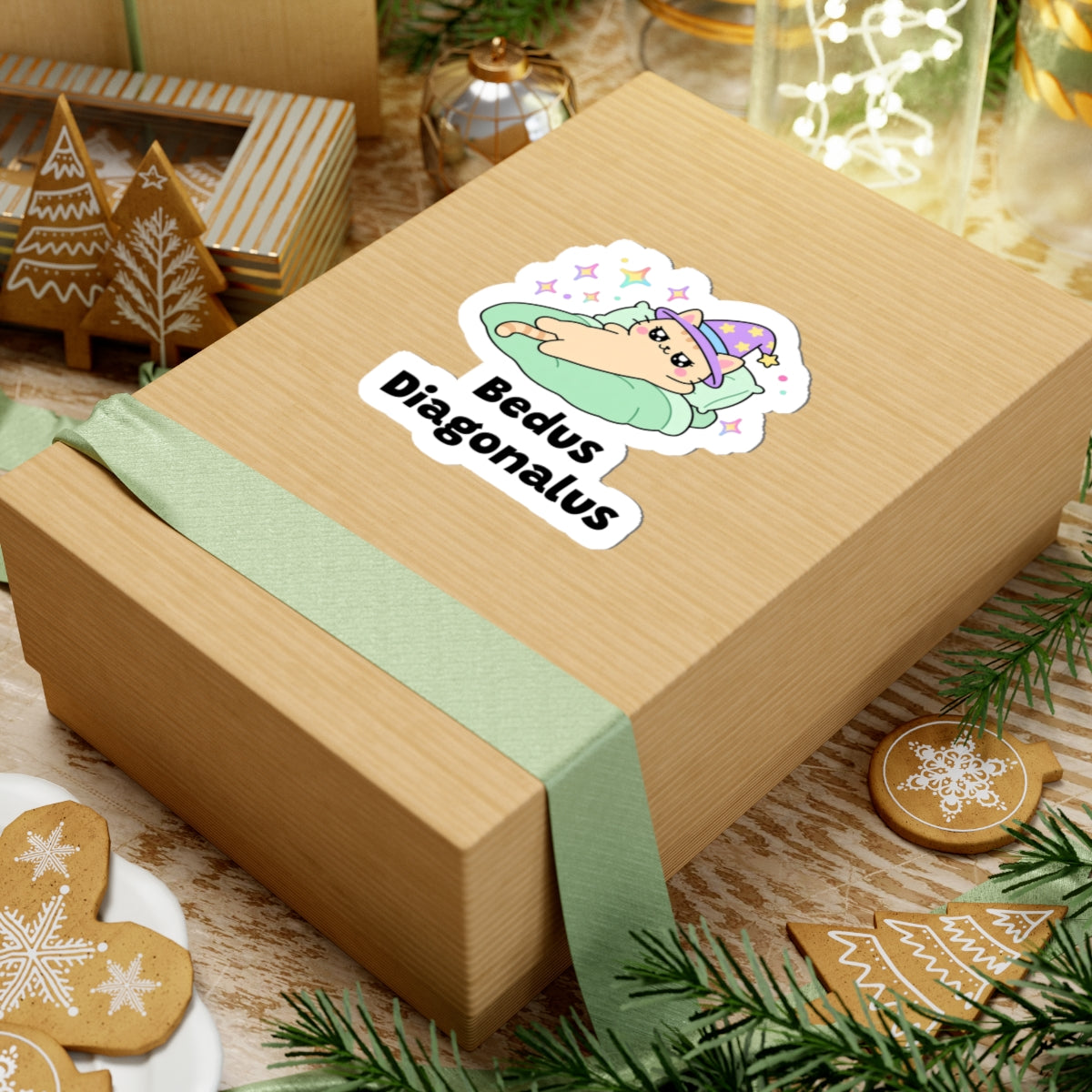Bedus Diagonalus wizard cat sticker on a kraft gift box with a green ribbon and holiday cookies