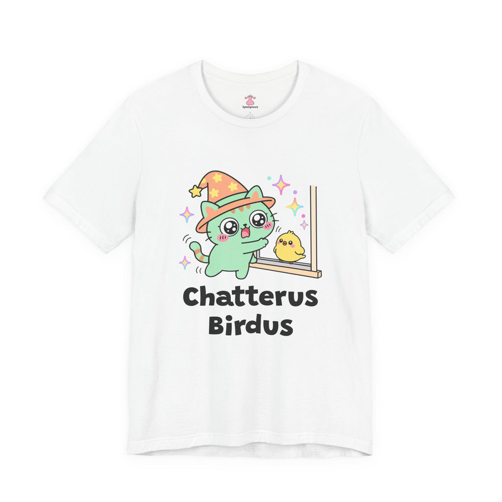 Green wizard cat in an orange hat chattering at a tiny yellow bird outside a window, Chatterus Birdus tee