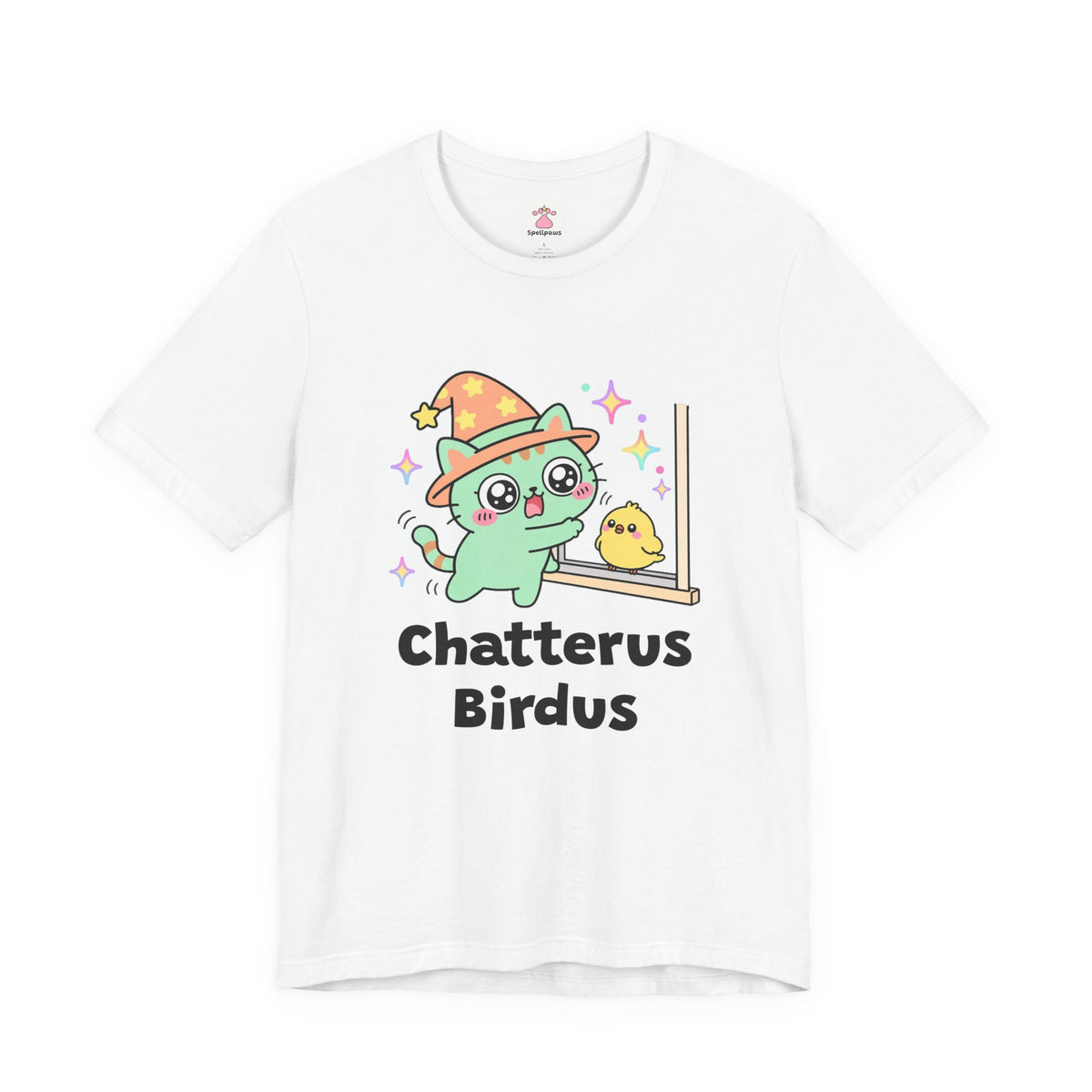 Green wizard cat in an orange hat chattering at a tiny yellow bird outside a window, Chatterus Birdus tee