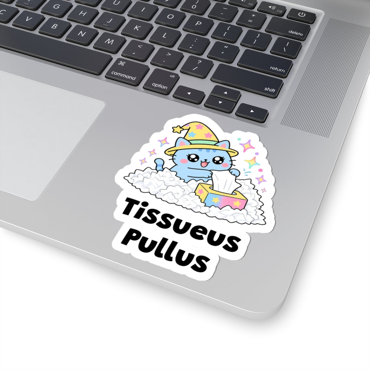 Tissueus Pullus wizard cat sticker stuck on a silver laptop next to the keyboard