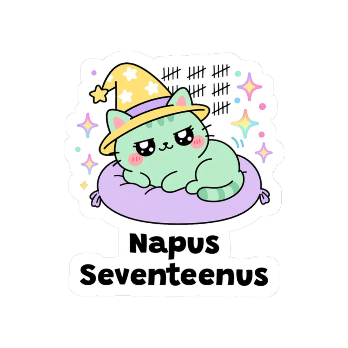 Napus Seventeenus kiss-cut vinyl sticker on a white background, size option 4: mint-green wizard cat in a yellow hat napping on a purple cushion