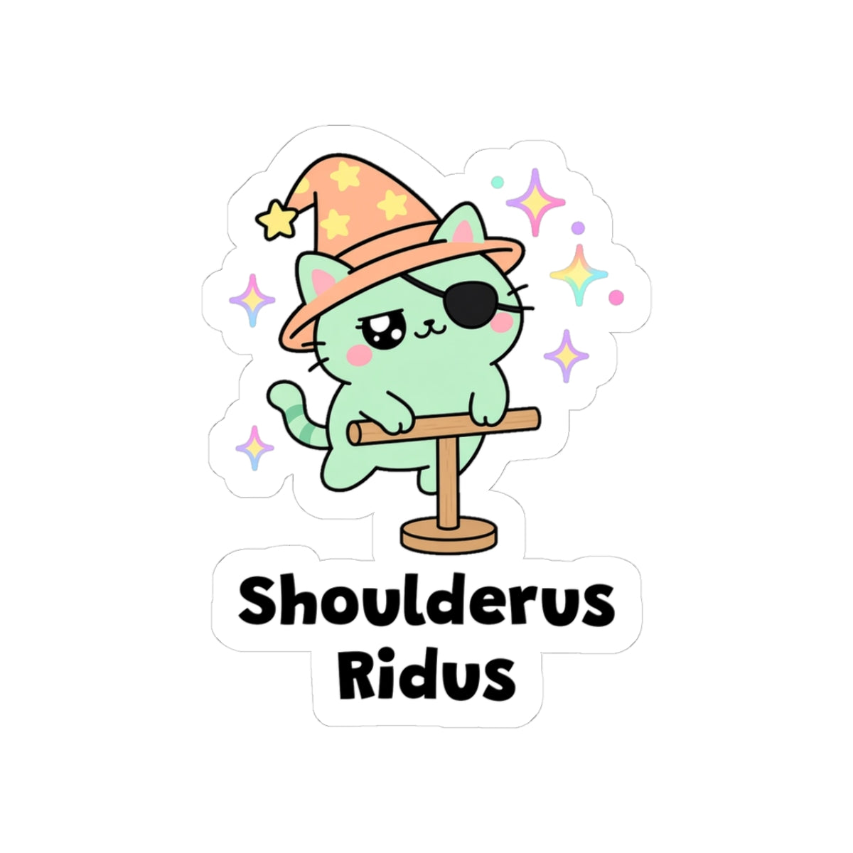 Shoulderus Ridus kiss-cut vinyl sticker with a white border: mint-green wizard cat in an orange hat riding on a perch like a parrot, with "Shoulderus Ridus" in black letters