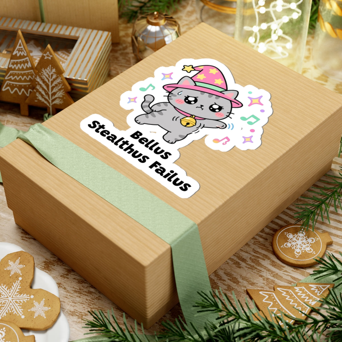 Bellus Stealthus Failus wizard cat sticker on a kraft gift box with a green ribbon and holiday cookies