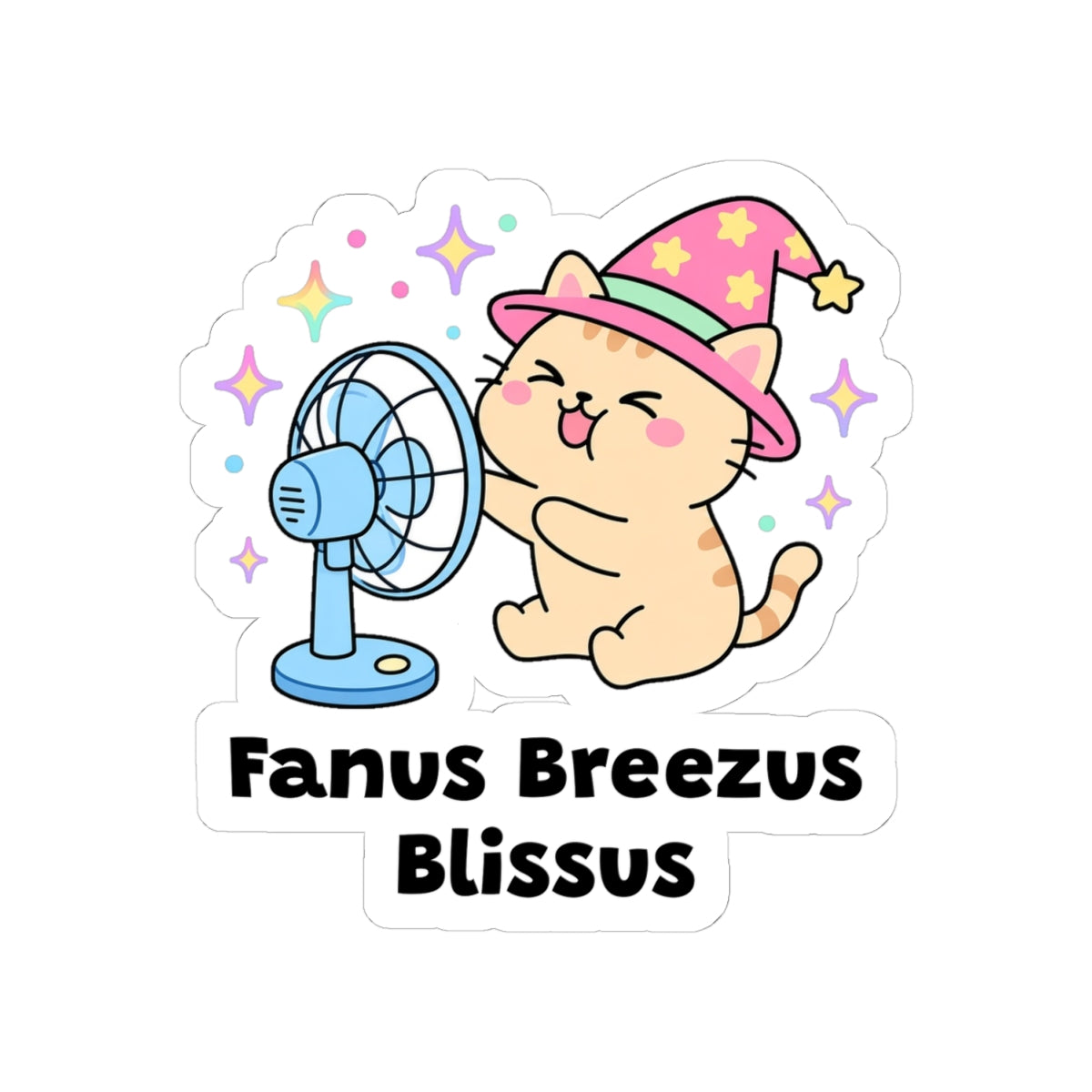 Fanus Breezus Blissus kiss-cut vinyl sticker on a white background, size option 2: peach wizard cat in a pink hat with its fur blowing back in front of a blue desk fan