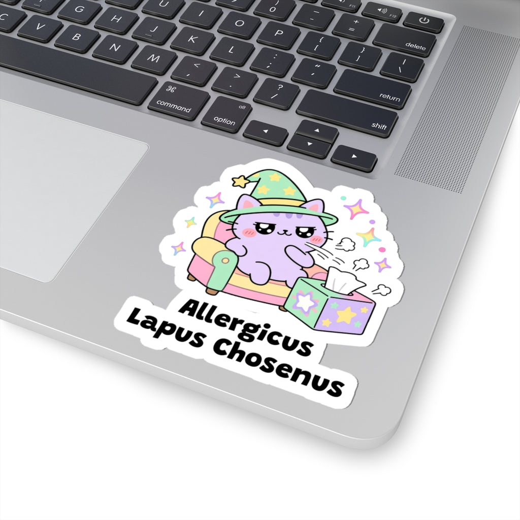 Allergicus Lapus Chosenus wizard cat sticker stuck on a silver laptop next to the keyboard