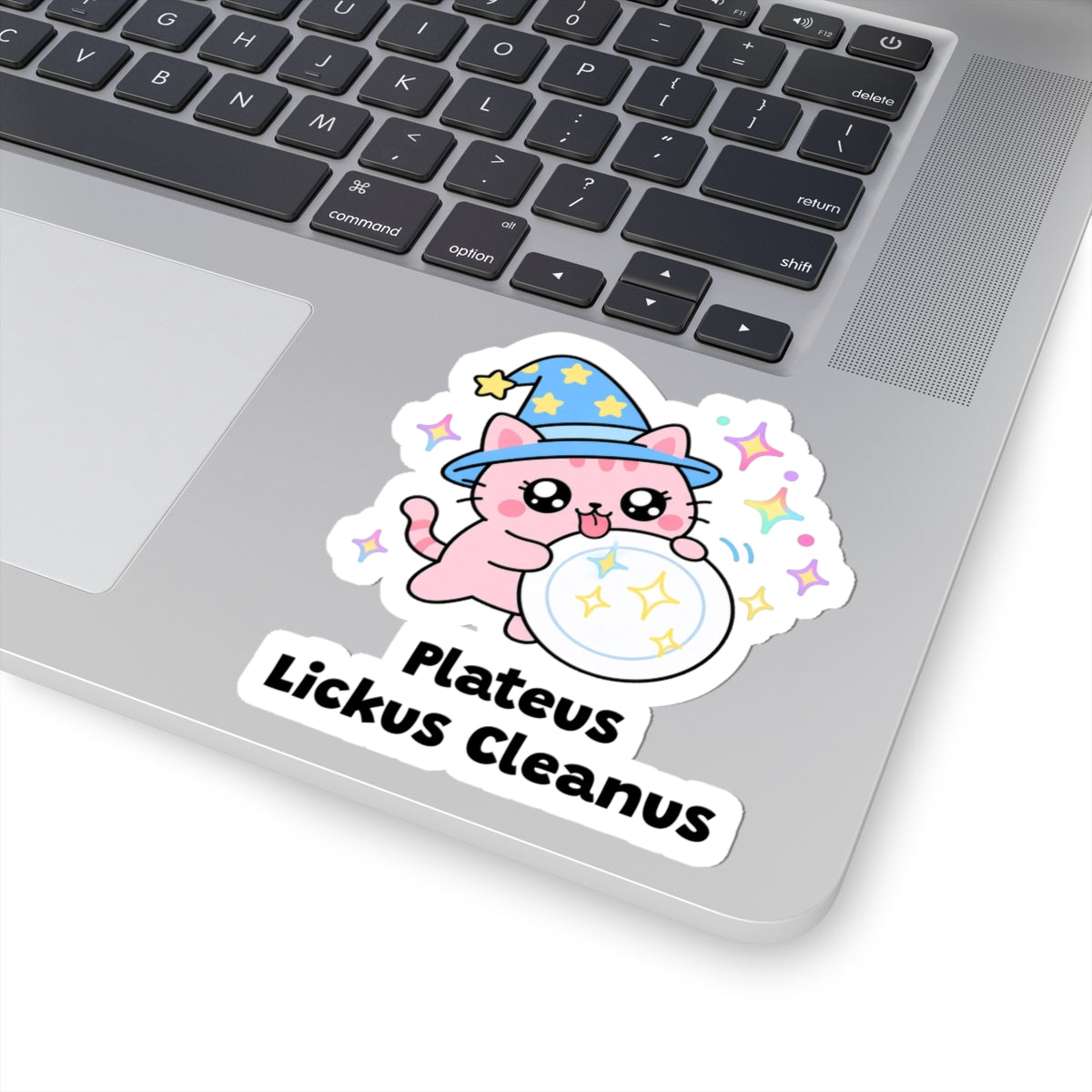 Plateus Lickus Cleanus wizard cat sticker stuck on a silver laptop next to the keyboard