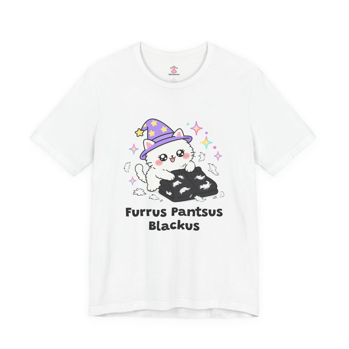 White Furrus Pantsus Blackus wizard cat T-shirt, front view: fluffy white wizard cat in a purple hat lying on a pair of black pants covered in fur, with "Furrus Pantsus Blackus" printed below