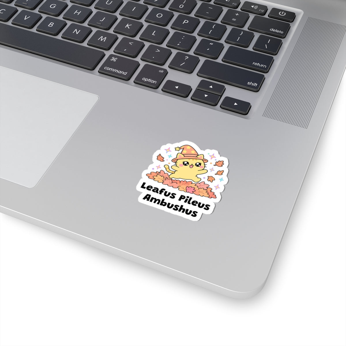 Leafus Pileus Ambushus wizard cat sticker stuck on a silver laptop next to the keyboard