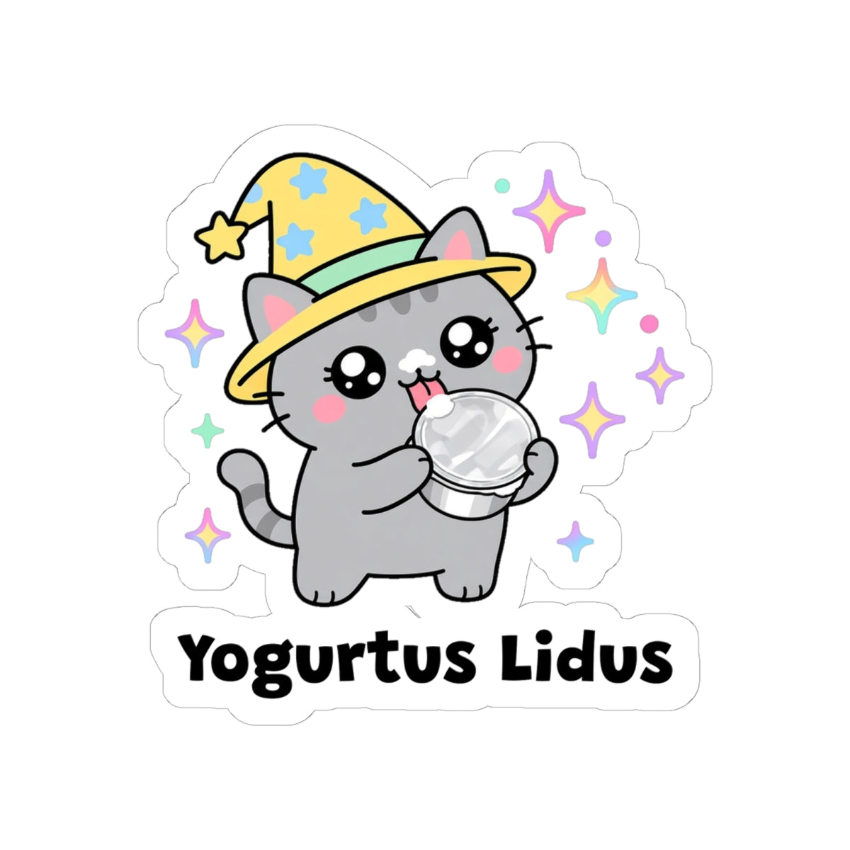 Yogurtus Lidus kiss-cut vinyl sticker on a white background, size option 3: grey wizard cat in a yellow hat licking a yogurt lid