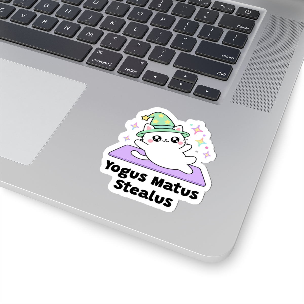 Yogus Matus Stealus wizard cat sticker stuck on a silver laptop next to the keyboard