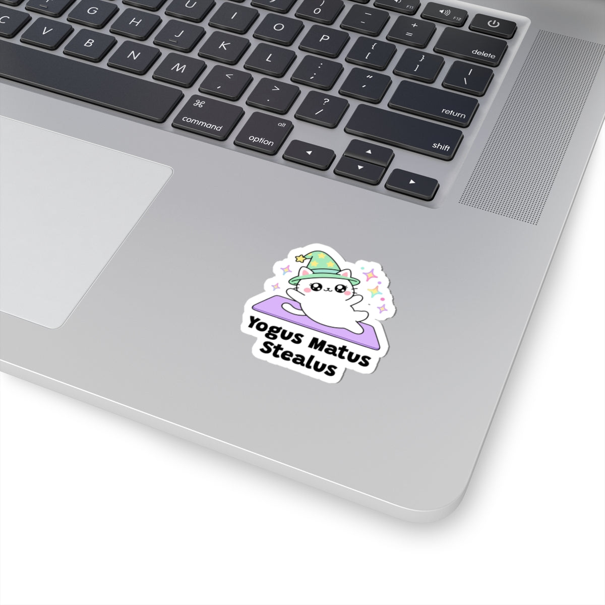Yogus Matus Stealus wizard cat sticker stuck on a silver laptop next to the keyboard