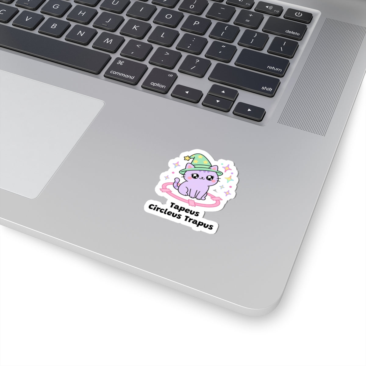 Tapeus Circleus Trapus wizard cat sticker stuck on a silver laptop next to the keyboard