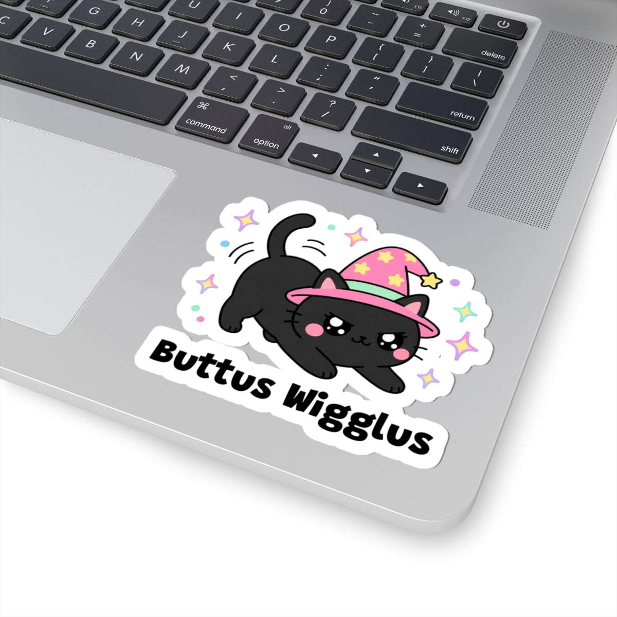 Buttus Wigglus wizard cat sticker stuck on a silver laptop next to the keyboard