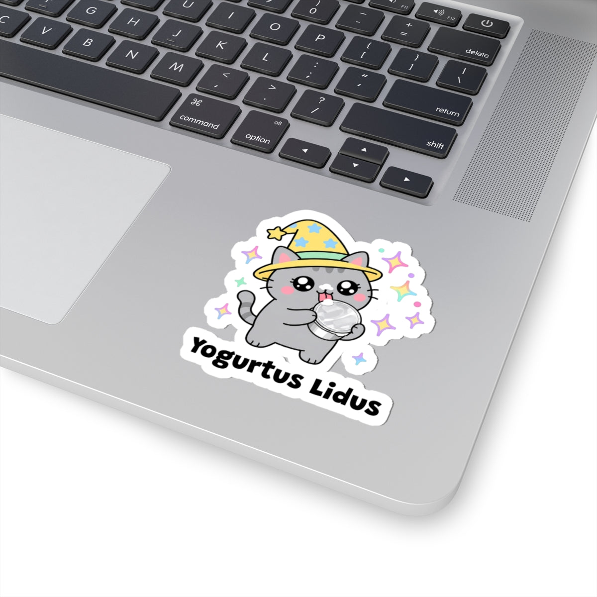 Yogurtus Lidus wizard cat sticker stuck on a silver laptop next to the keyboard