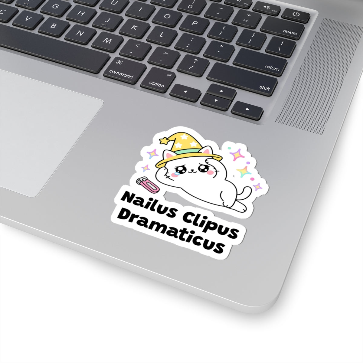 Nailus Clipus Dramaticus wizard cat sticker stuck on a silver laptop next to the keyboard