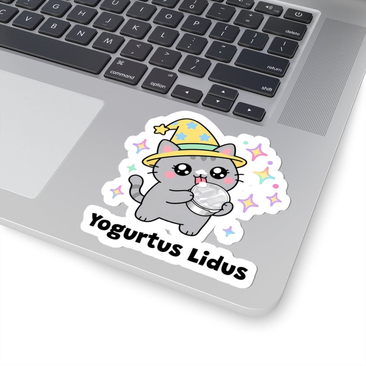 Yogurtus Lidus wizard cat sticker stuck on a silver laptop next to the keyboard