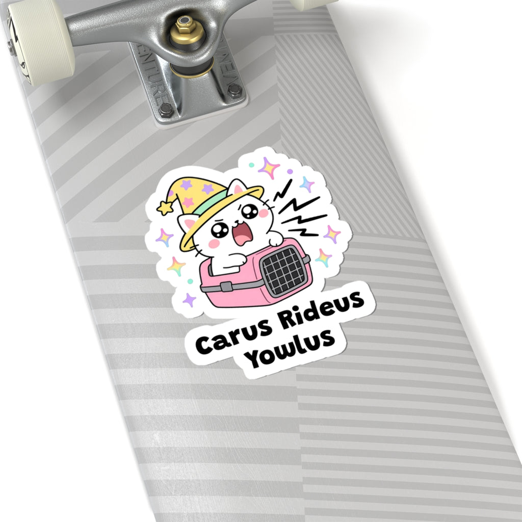 Carus Rideus Yowlus wizard cat sticker on a grey skateboard deck near the truck
