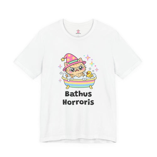 Soaking wet ginger wizard cat in a pink hat in a bubbly bathtub with a rubber duck, Bathus Horroris tee
