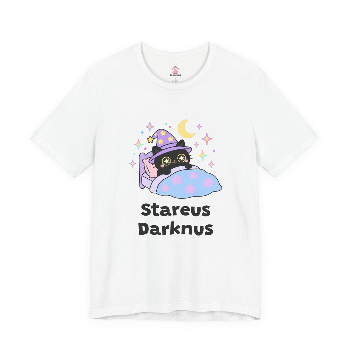 White Stareus Darknus wizard cat T-shirt, front view: black wizard cat in a purple hat with glowing star eyes peeking over a blue blanket under a crescent moon, with "Stareus Darknus" printed below
