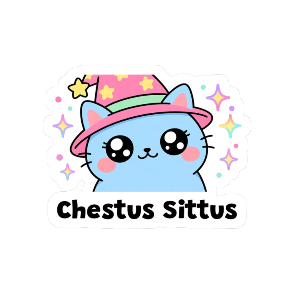 Chestus Sittus kiss-cut vinyl sticker on a white background, size option 4: blue wizard cat in a pink hat sitting on a human's chest, staring with huge eyes