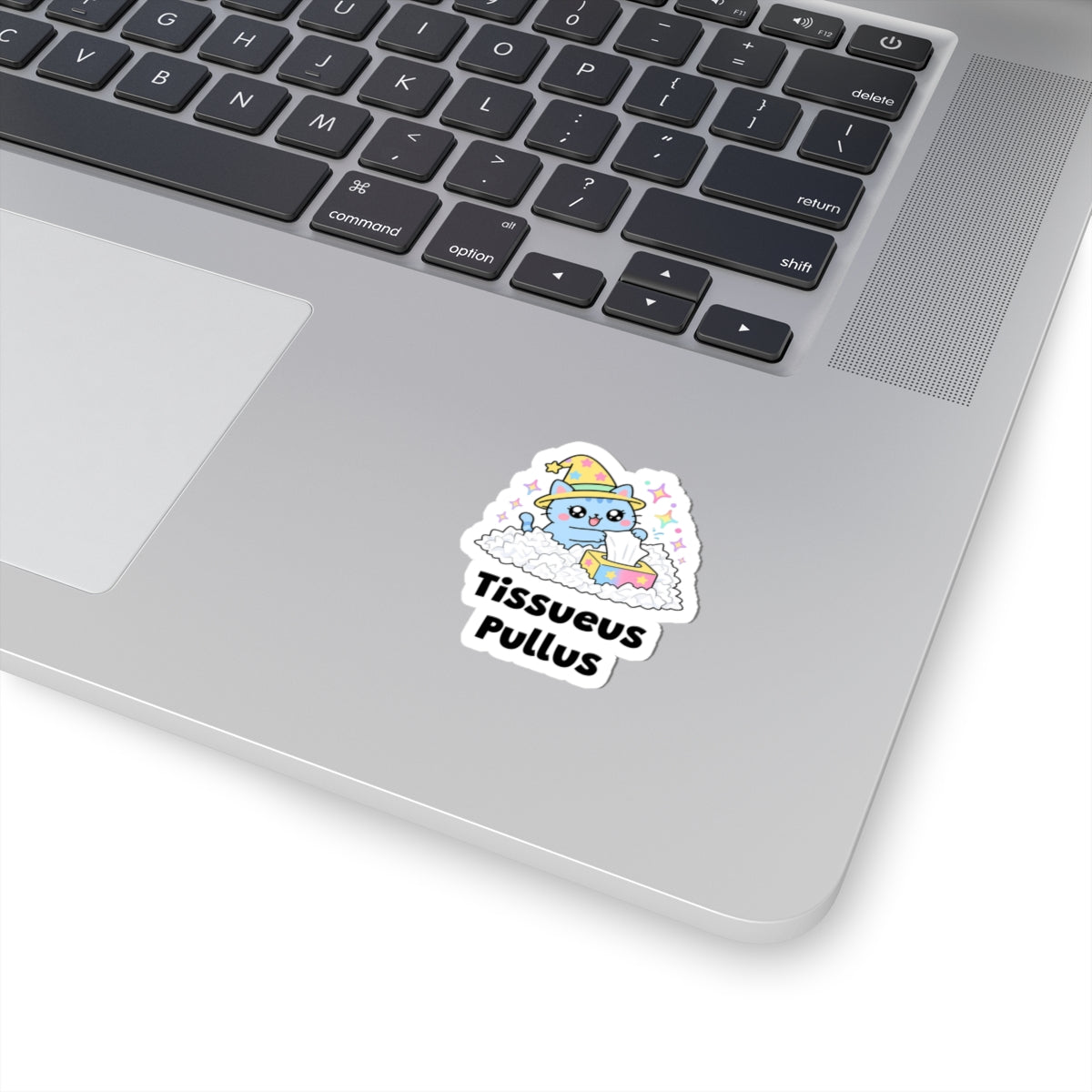 Tissueus Pullus wizard cat sticker stuck on a silver laptop next to the keyboard