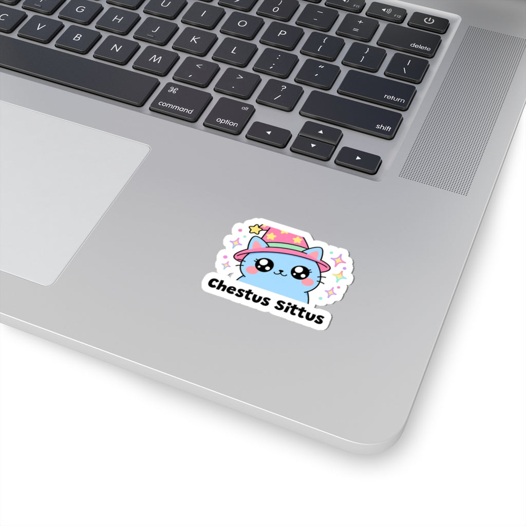 Chestus Sittus wizard cat sticker stuck on a silver laptop next to the keyboard