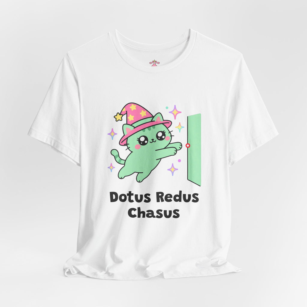 Mint wizard cat in a pink hat pouncing at a red laser dot on the wall, Dotus Redus Chasus tee