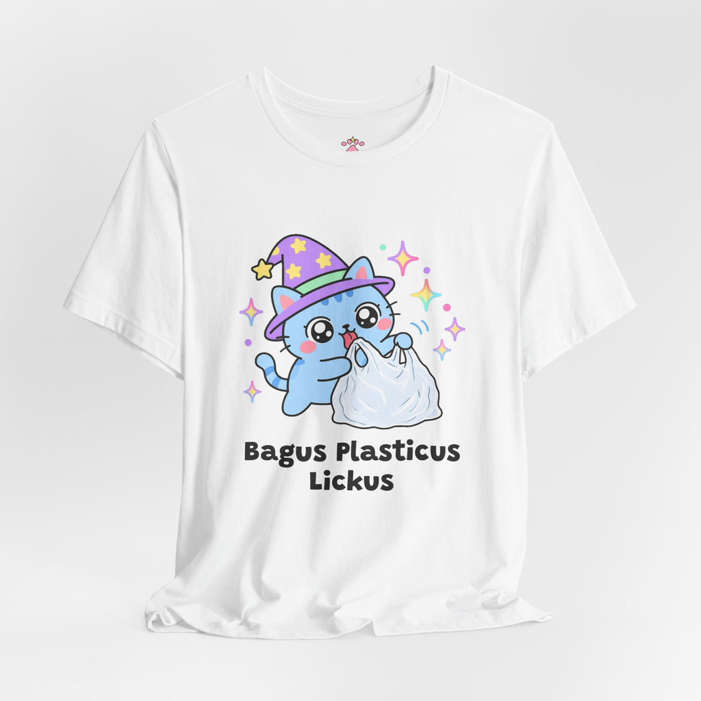 Blue wizard cat in a purple star hat happily licking a crinkly white plastic grocery bag, Bagus Plasticus Lickus tee