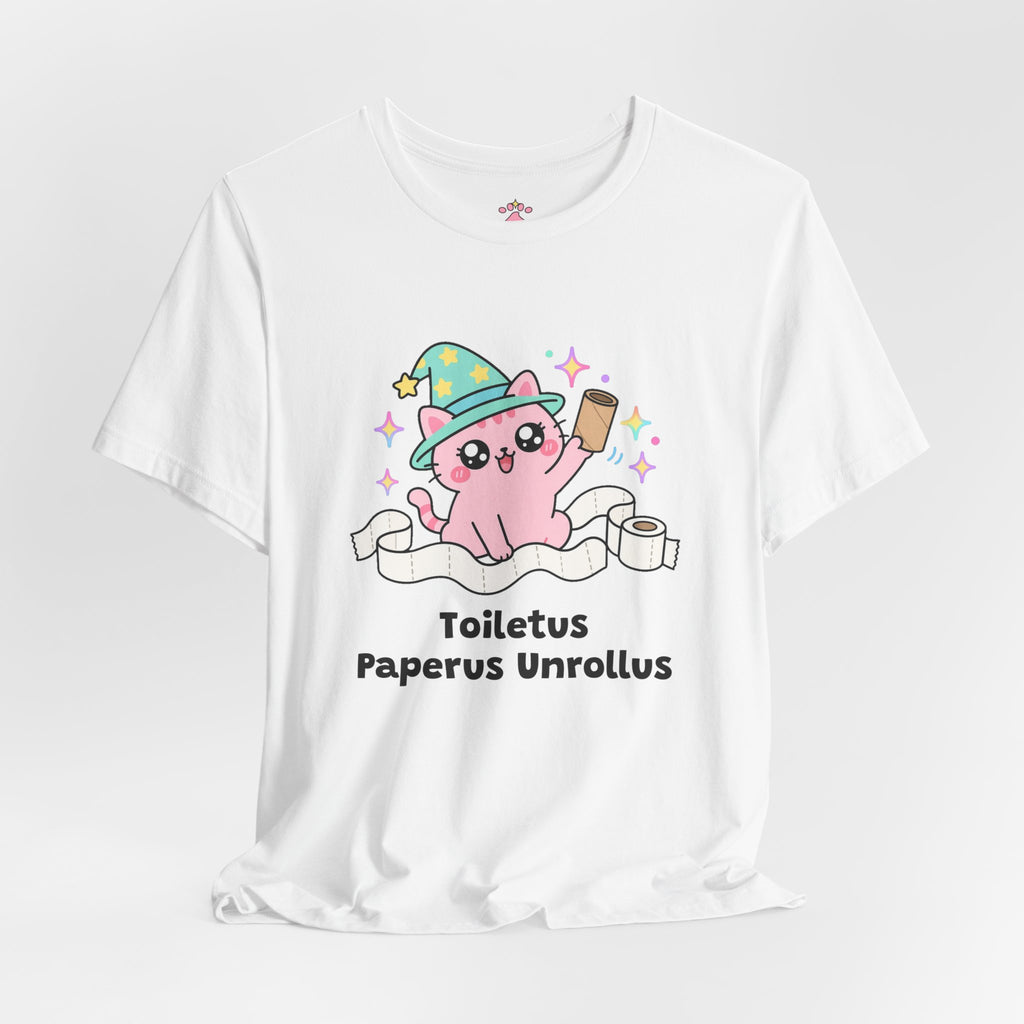 White Toiletus Paperus Unrollus wizard cat T-shirt shown in a soft studio setting: pink wizard cat in a mint star hat holding an empty cardboard roll, surrounded by unrolled toilet paper