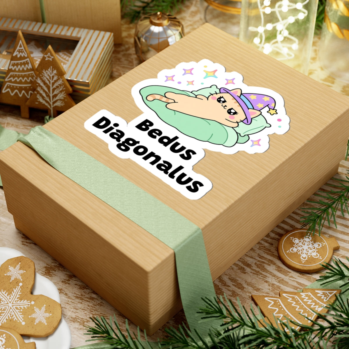 Bedus Diagonalus wizard cat sticker on a kraft gift box with a green ribbon and holiday cookies