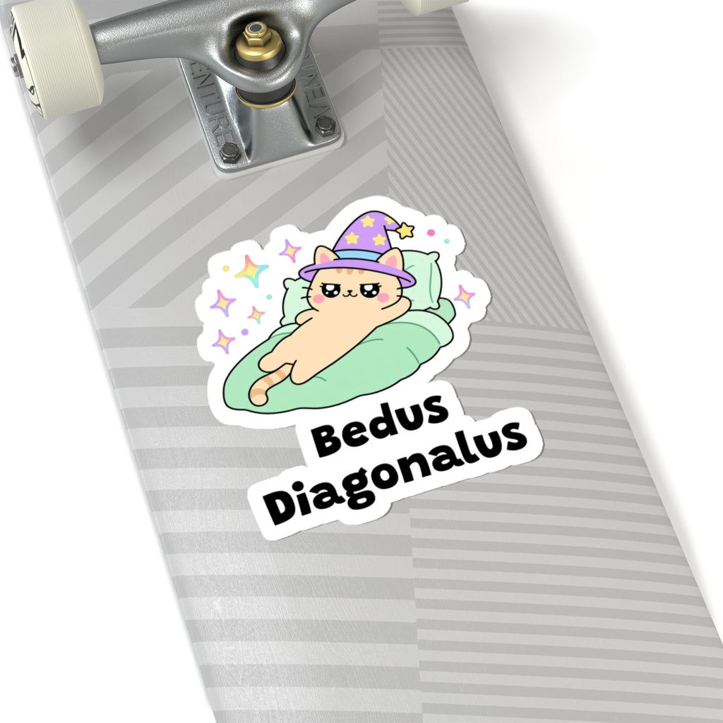 Bedus Diagonalus wizard cat sticker on a grey skateboard deck near the truck