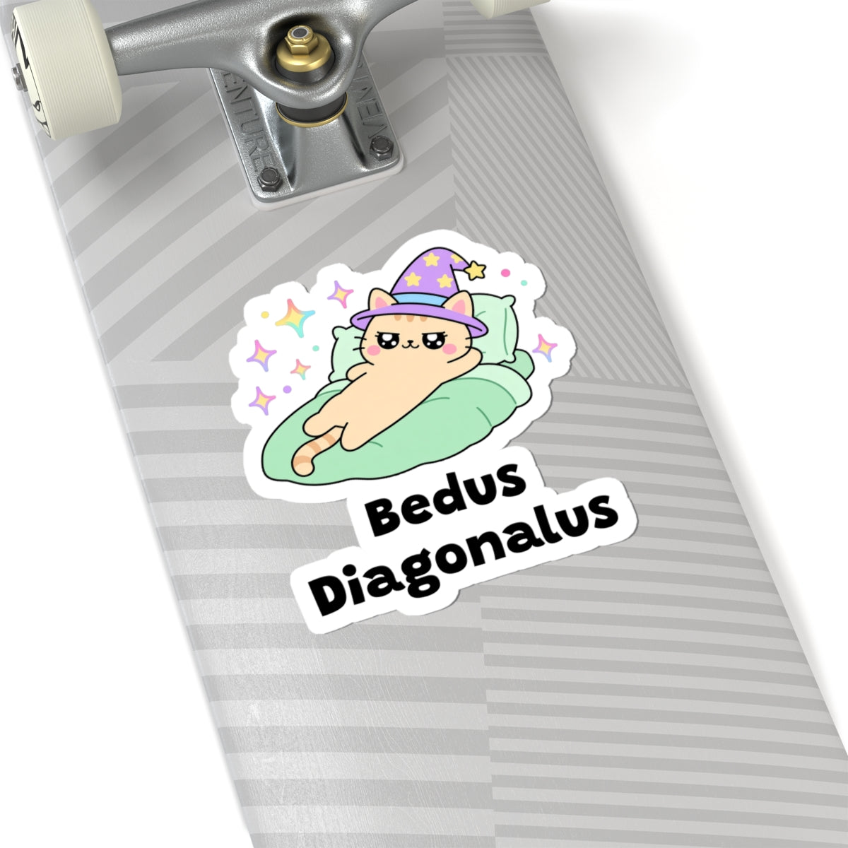 Bedus Diagonalus wizard cat sticker on a grey skateboard deck near the truck
