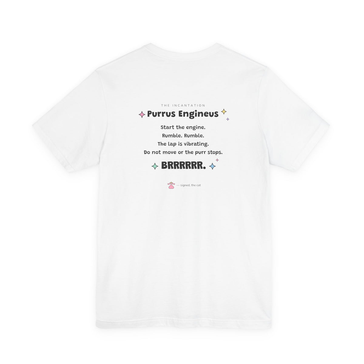 Back of the white Purrus Engineus T-shirt with the full spell incantation printed between the shoulders