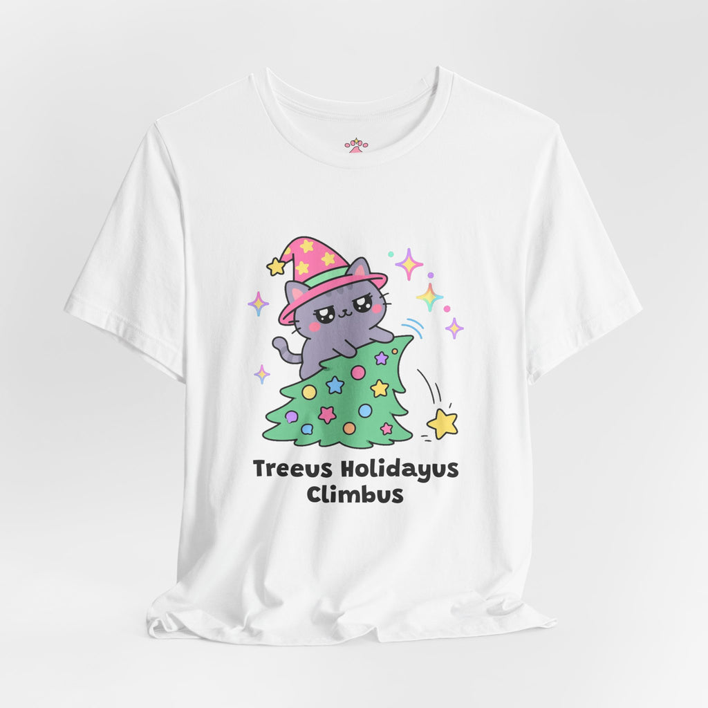 Gray wizard cat in a pink hat climbing to the top of a leaning decorated holiday tree, the star knocked off, Treeus Holidayus Climbus tee