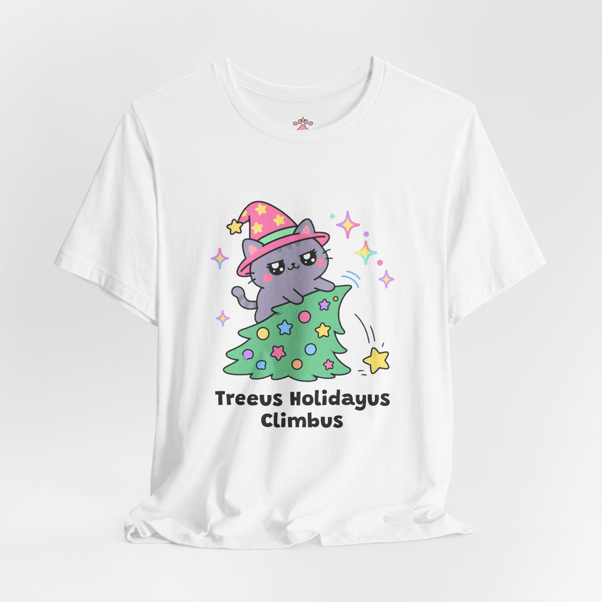 Gray wizard cat in a pink hat climbing to the top of a leaning decorated holiday tree, the star knocked off, Treeus Holidayus Climbus tee