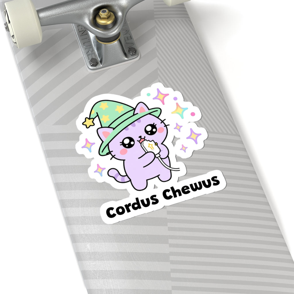 Cordus Chewus wizard cat sticker on a grey skateboard deck near the truck