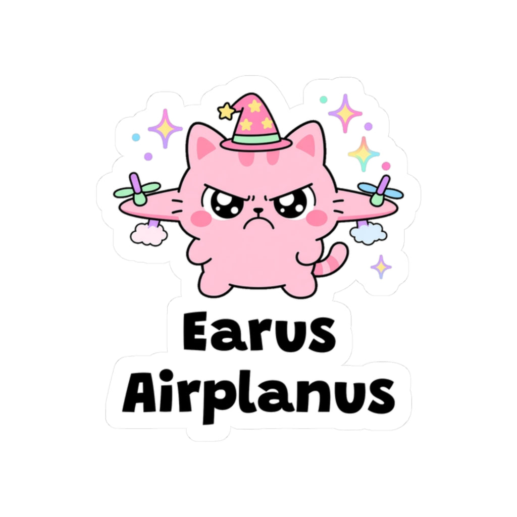 Earus Airplanus kiss-cut vinyl sticker on a white background, size option 4: pink wizard cat in a pink hat with grumpy airplane ears flattened out to the sides