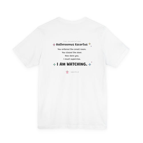 White wizard cat in a purple hat sitting at an open green bathroom door, staring with big sparkly eyes, Bathroomus Escortus tee
