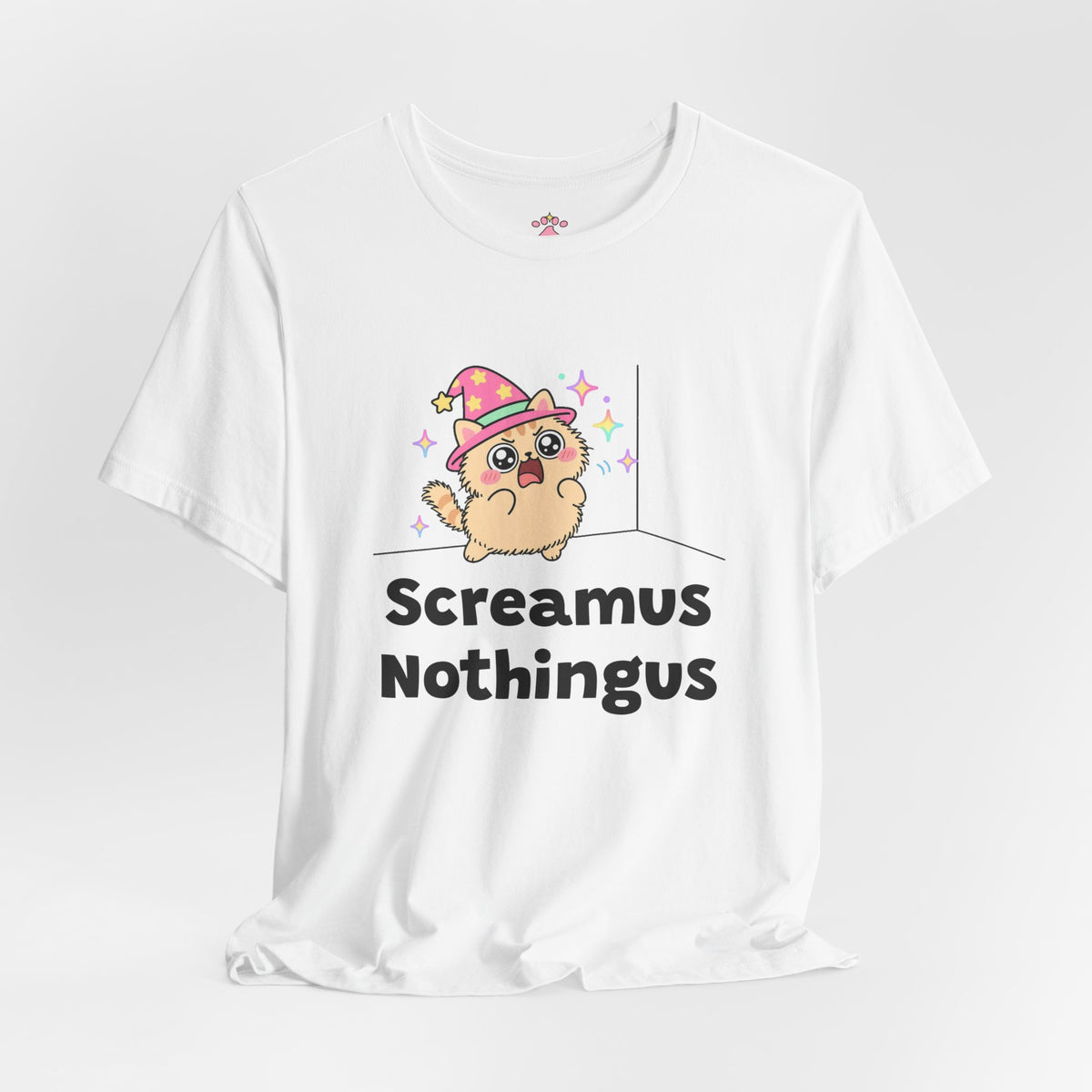Puffed-up wizard cat in a pink hat yelling at an empty corner of the room, Screamus Nothingus tee