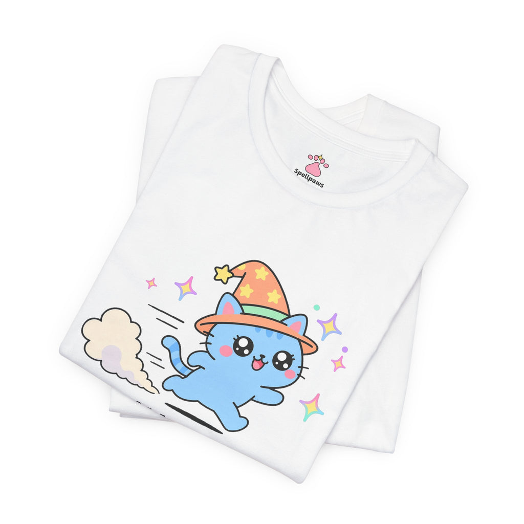 Blue wizard cat in an orange hat zooming away at top speed with a dust cloud trail behind it, Litterus Zoomus Exitus tee